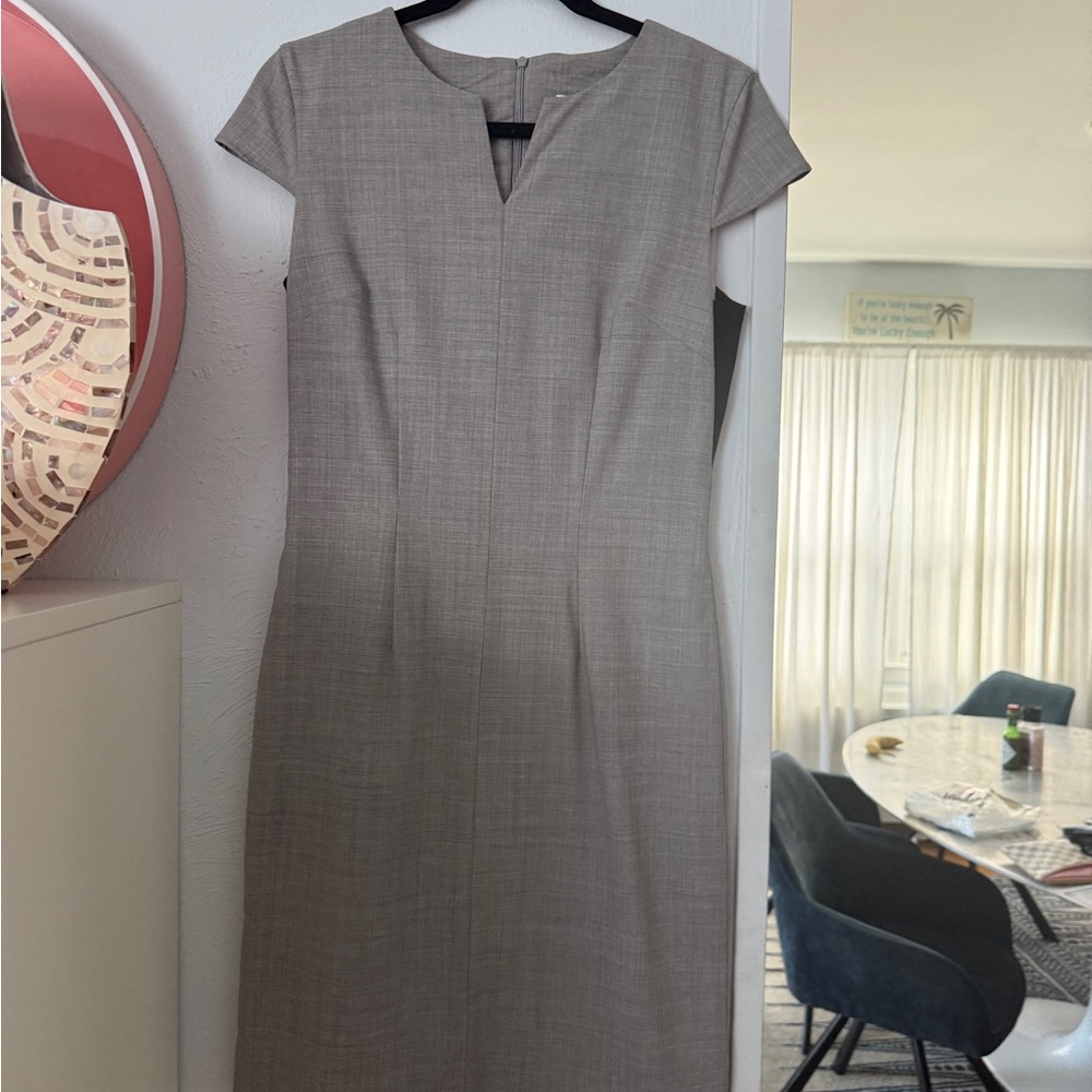 Of Mercer Gray Structured Midi Sheath Dress Cap Sleeve V-Neck  Minimalist Y2K